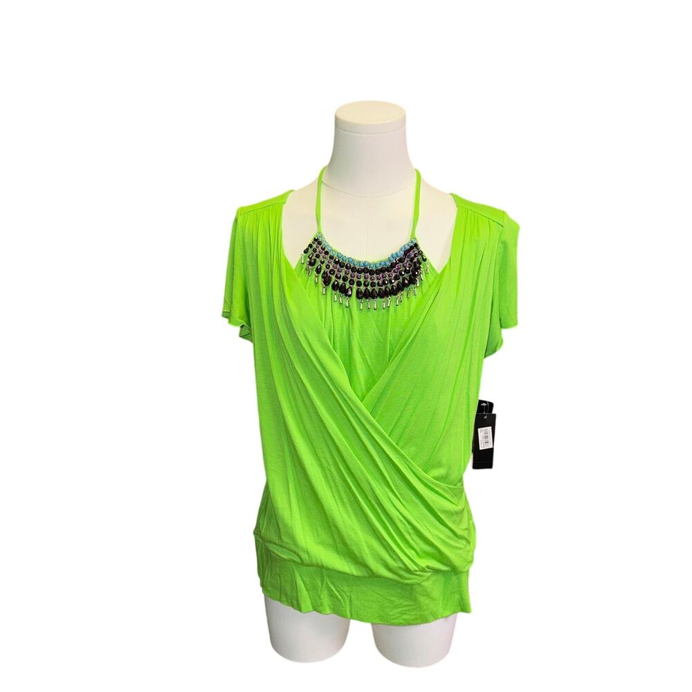 AGB Faux Wrap Top Blouse M Beaded Halter Neck Layered Accent Macy's NWT